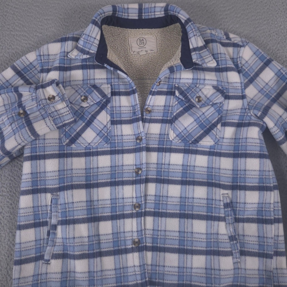 Sage Collective Jacket Womens L Blue Plaid Fleece Sherpa Lined Shacket Pocket